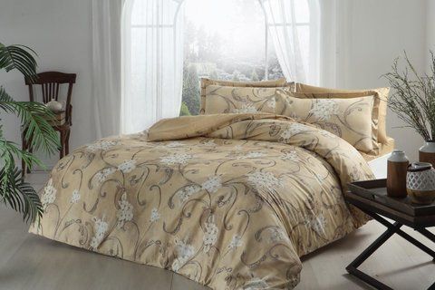 Семейное Турецкое Постельное Белье TAC Senja Beige Сатин Deluxe 3370 фото