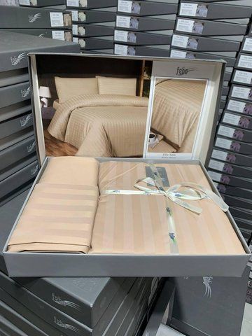 Постільна білизна страйп сатин Туреччина Classic бежевий 200х220см 5881 фото