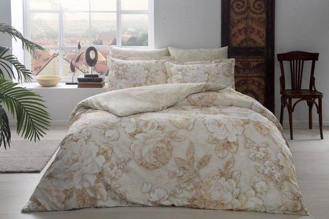 Семейное Турецкое Постельное Белье TAC Seine Beige Сатин Digital 3364 фото